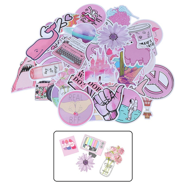 53Pcs Kawaii pink fun stickers luggage scrapbook suitcase laptop car stic QW