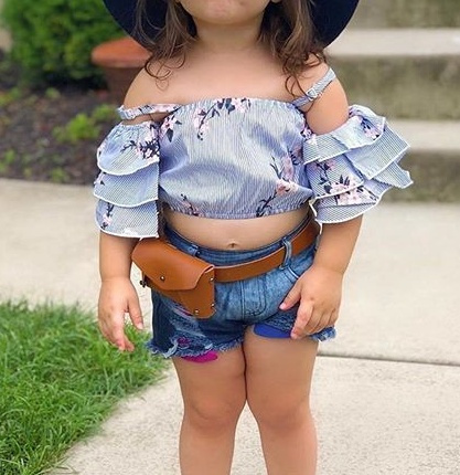 Cute toddler girls ruffled crop top and striped pants