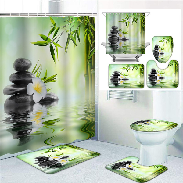 SPA Bamboo Stone Art Shower Curtain Bath Mat Toilet Cover Rug Bathroom Decor Set 