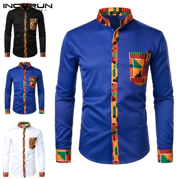 INCERUN Men Dashiki African Shirt Dress Shirts Tribal Print Band Collar ...