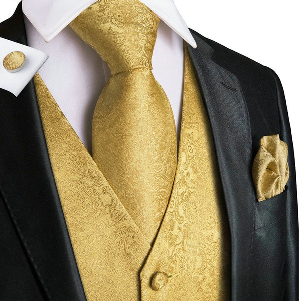 New Polyester Men's Tuxedo Vest Waistcoat & Bow tie Paisley Pattern Gold formal 