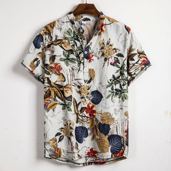 Camisa Hawaiana Con Estampado De Lino De Manga Corta Étnica Camisa Hawaiana Con Estampado De Lino De Manga Corta Étnica