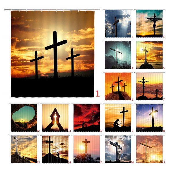 Christian Cross Decor Shower Curtain Blue Sky White Clouds Religious Crosses Religion Fabric Bathroom Curtains 72x72 Inches Waterproof Polyester With 12pcs Hooks Wish