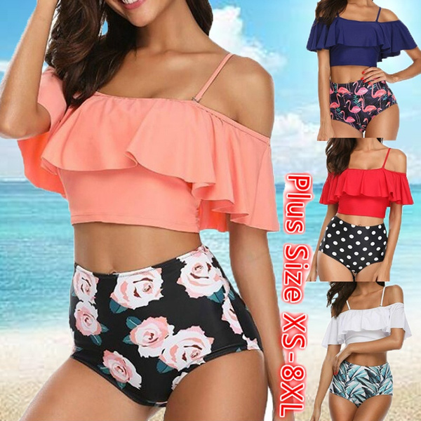 Women Off Shoulder Ruffle Swimsuit Two Piece Bathing Suit Bikini