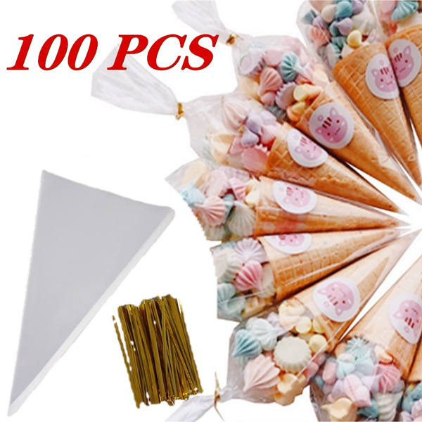 100X clear cone shapes cellophane bags candy popcorn flowers packing bag-weddZQ 