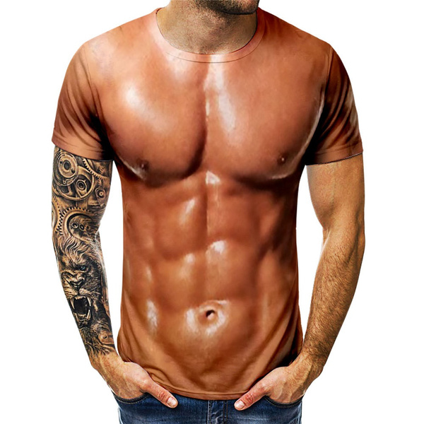 Mens 3d T Shirt Bodybuilding Simulated Muscle Tattoo T Shirt Casual Nude Skin Chest Muscle Tee 4447