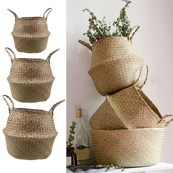 Natural Flower Woven Storage Pot Foldable Garden Flower Vase Hanging Basket 