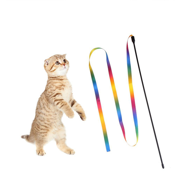 Rainbow Cloth Ribbon Tease Cats Rod Pets Kitten Interactive Scratching Toys 
