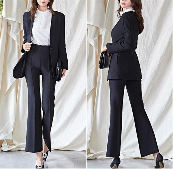 Elegant Women's Solid Color Double Breasted Blazers +Flare Pants