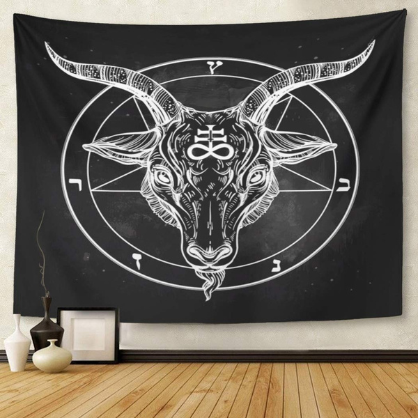 Pentagram with Demon Baphomet Satanic Goat Head Binary Symbol Tattoo Retro  Music Duvet Cover Set,Black Decorative Bedding Home Decor ,King (90x104)