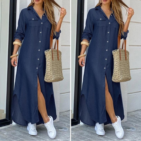 ZANZEA Femme Robe en Jean Mnache Longue Boutonnage Loose Droit