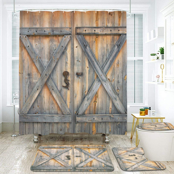 Vintage Wooden Door Waterproof  Shower Curtain Non-slip Mats Toilet Cover Set 