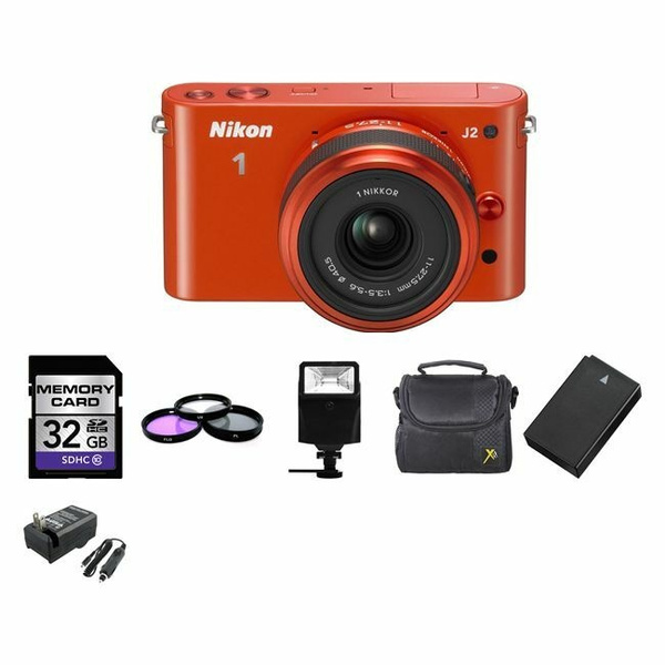 Nikon 1 J2 Digital Camera - Orange w/11-27.5mm + 2 Batteries, 32GB