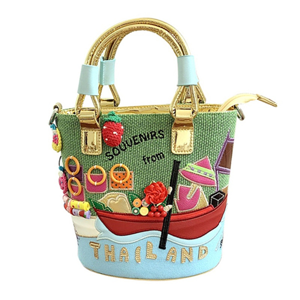 Women Bag Braccialini Style Leather 3D Patchwork Embroidery Cross Body  Handbag Shoulder Bag Handmade Tote Cartoon Thai Landscape | Wish