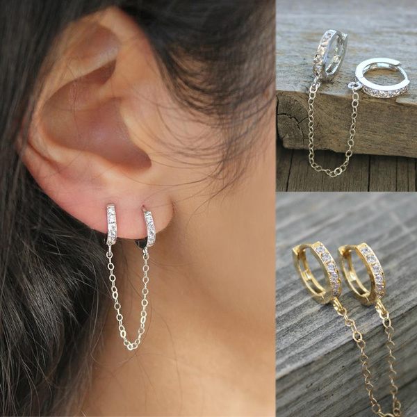 Connected Hoops, Cubic Zirconia Earrings, Pair Silver Gold Hoops with  Sterling Silver Chain, Double, 2 Piercings, Set of Two Cz Diamonds Earrings