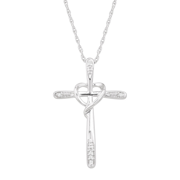 Wrapped Heart Cross Pendant with Diamonds in Sterling Silver 18" 