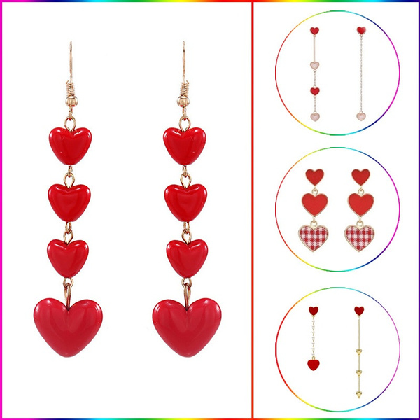 Earrings Red Heart Asymmetric, Girls Earring Red Heart
