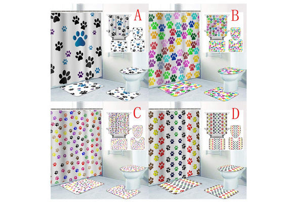 Black & White Paw Print Waterproof Polyester Fabric Shower Curtain Sets Hooks 