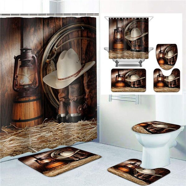 Western Cowboy Brown Shower Curtain Bath Mat Toilet Cover Rug Bathroom Decor