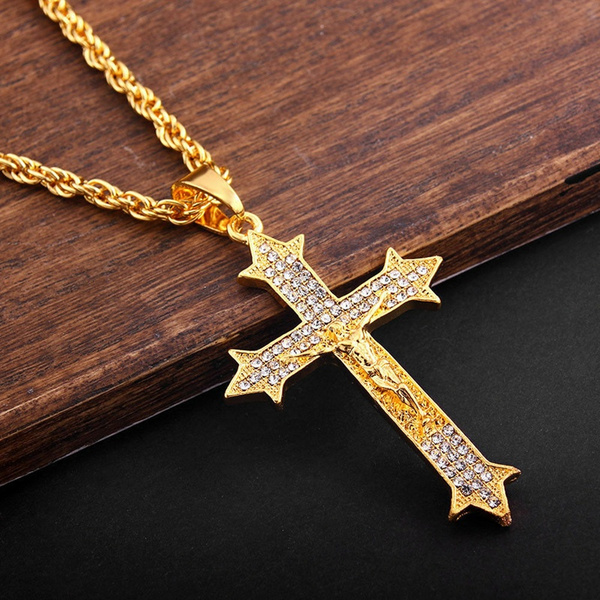 Men's Gold Plated Rhinestone Crystal Jesus Cross Pendant Sweater Chain Necklace