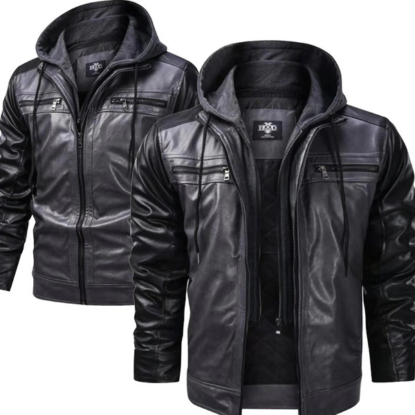 mens leather hooded jacket