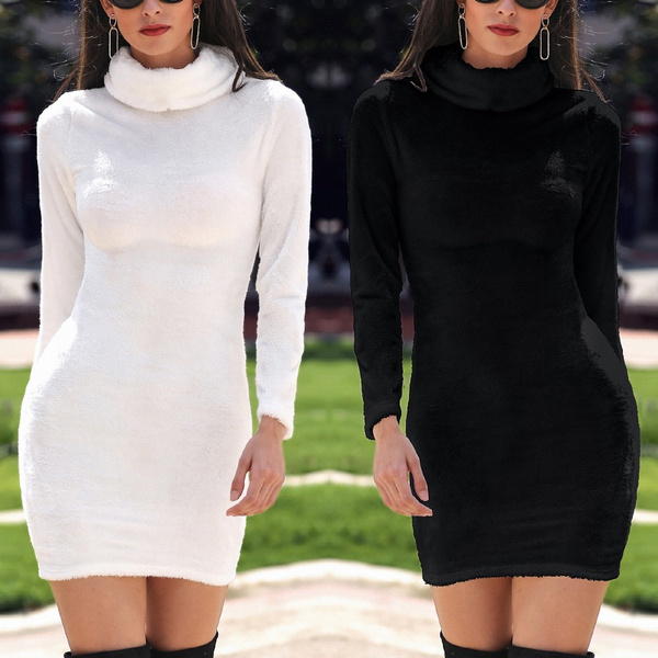 Women Fashion Sexy Solid High Neck Fluffy Bodycon Dress