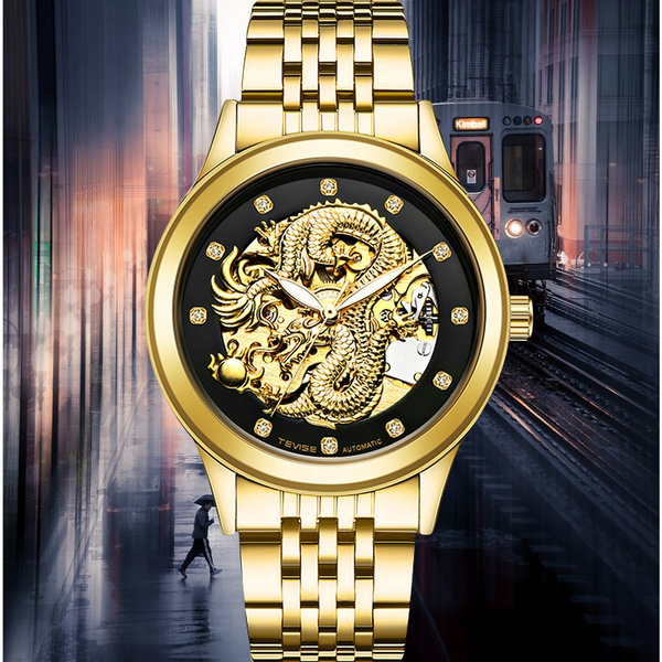 Men Luxury Gold Dragon Automatic Mechanical Watches Skeleton Self Wind ...