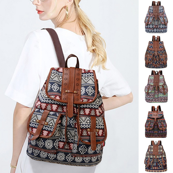 New 2020 School Bag Boho Retro Vintage Women Backpack Drawstring Printing Canvas Bagpack Multi function Rucksack Female