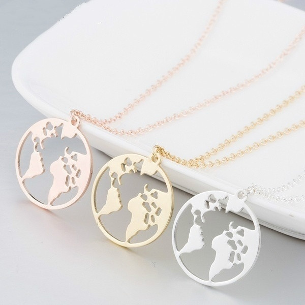 Dainty world map medallion necklaces adventurer| Alibaba.com
