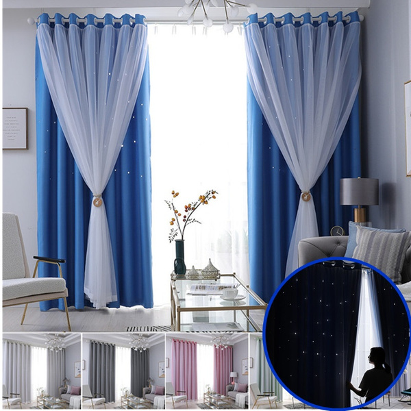 1/2 Panels Window Curtain Double-Layer Yarn Drapes Eyelet Living Room Bedroom 