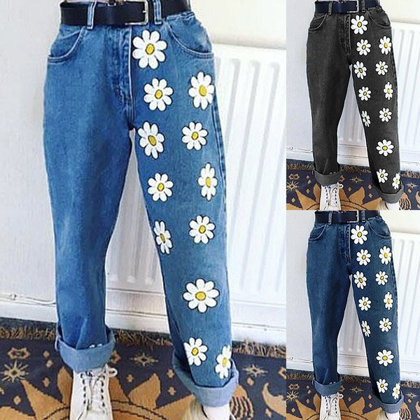 denim floral casual pants