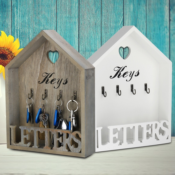 4hooks White Grey Wooden Key Box, White Wooden Letter Rack Wall Mounted
