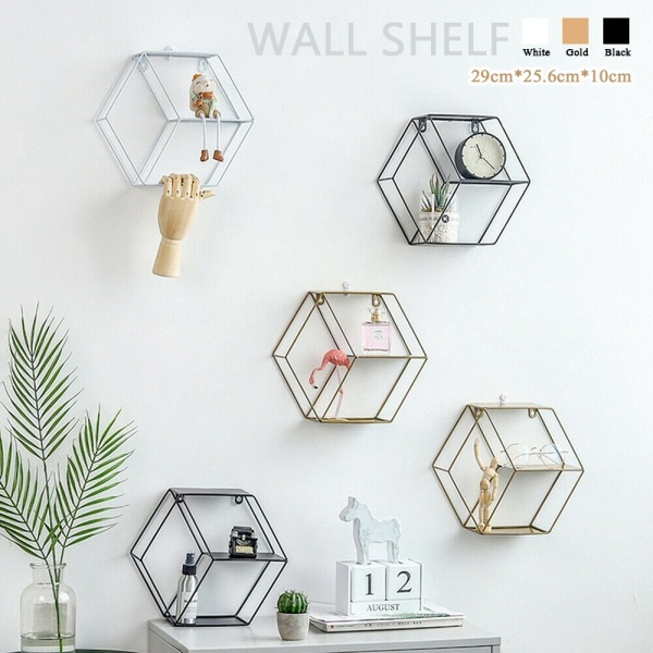 Modern Hexagon Metal Wire Wall Shelf Storage Floating Shelves Loft Dorm Decor Wish - Gold Metal Hexagon Wall Shelf