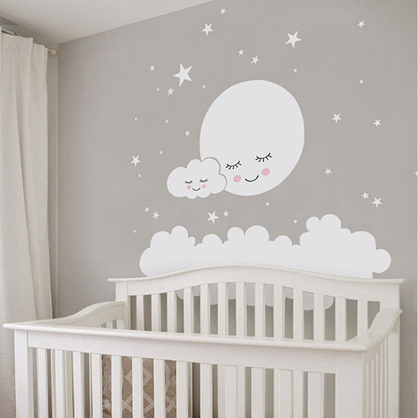 24*24in Cute White Cloud Star Moon Wall Stickers For Baby Kids Room PVC Decal 