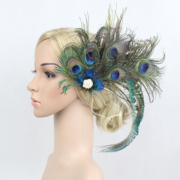 1920s Headband Peacock Feathers Bridal Gatsby 20s Gangster Flapper Headpiece 