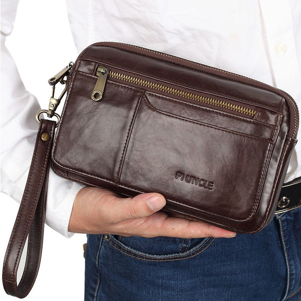 Men's leather clutch bag with wrist strap sale