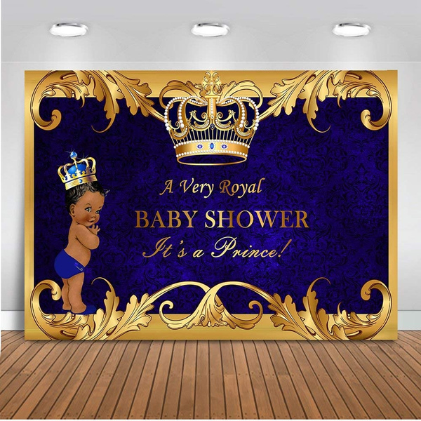 Aperturee Royal Prince Baby Shower Rectangle Backdrop African American Boy Blue Gold