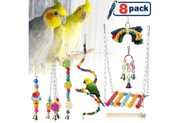 Cockatiels Parakeets Macaws Love Birds SHINYLYL 8 Packs Bird Toy,Bird Parrot Swing Chewing Toys Birdcage Stands,Wood Hanging Bell Bird Cage Toys for Parrots Finches Conures