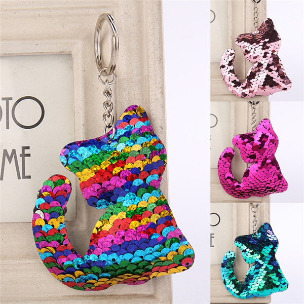 Cat Shaped  Sequins Key Chain Handbag Pendant Keyring Jewelry Gifts Cute EFB 