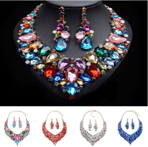 Glass Stone necklace set with earrings and adjustable fingerring Multi –  Swatam Fashion