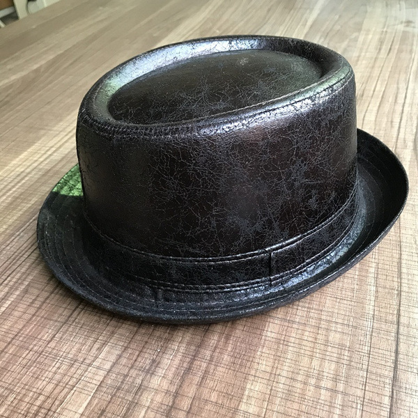 Vintage Leather pork pie Fedora Hat Men 