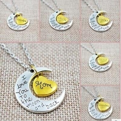 Ainy 925 Sterling Silver I Love You to The Moon and Back Silver Necklace Mom Dad Daughter Son Grandma Grandpa Family Choker Pendant Necklace Men