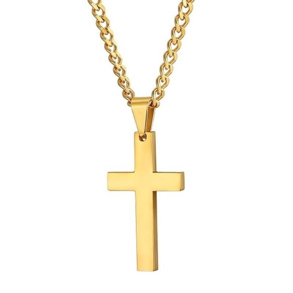 Mens Stainless Steel Gold Plated Cross Plain Pendant 24" Cuban Necklace Chain 