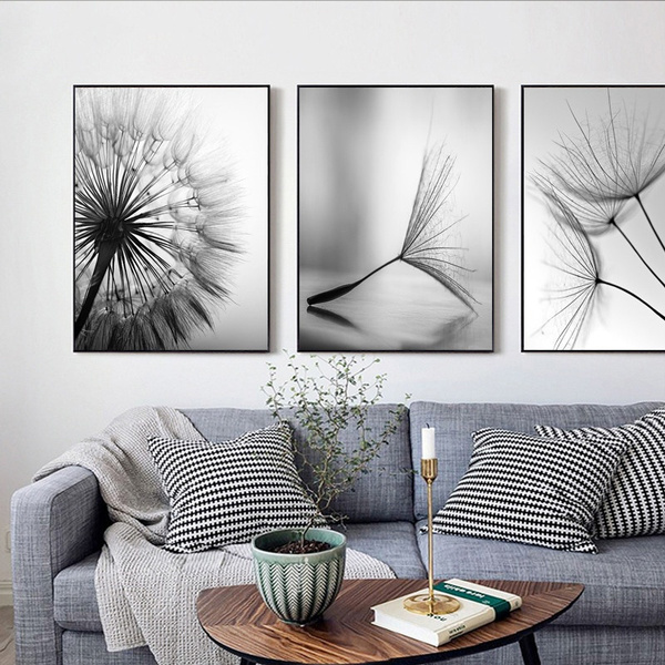 Dandelion flower canvas painting modern black and white art print