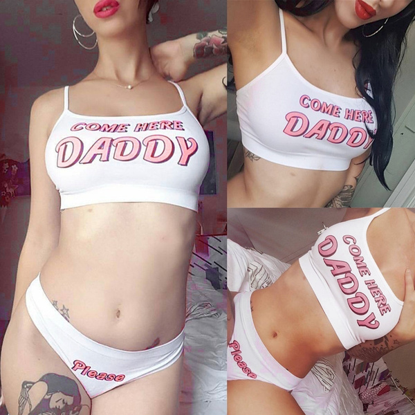 Women Sexy Lingerie Set, Come Here Daddy Letter Print Sleeveless