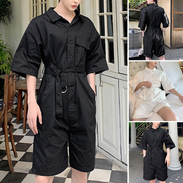 Onesie Men s fashion solid color jumpsuit belt romper male button