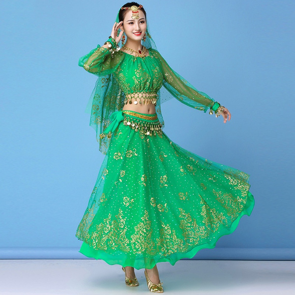Bollywood Dress Costume Women Set Indian Dance Sari Belly Dance Outfit  Performance Clothes Chiffon Dancewear