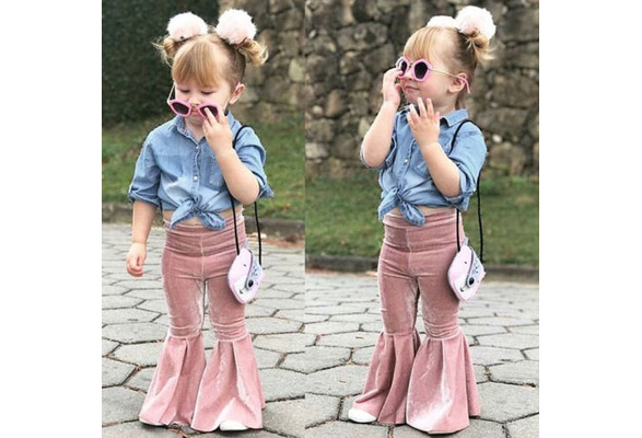 Infant Kids Baby Girl Bell Bottom Gold Velvet Pants Flare Trouser