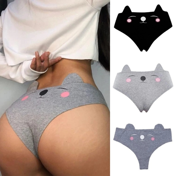 3 COLORS Women Fashion Underwear Cat Ear Cute Print Cotton Panties