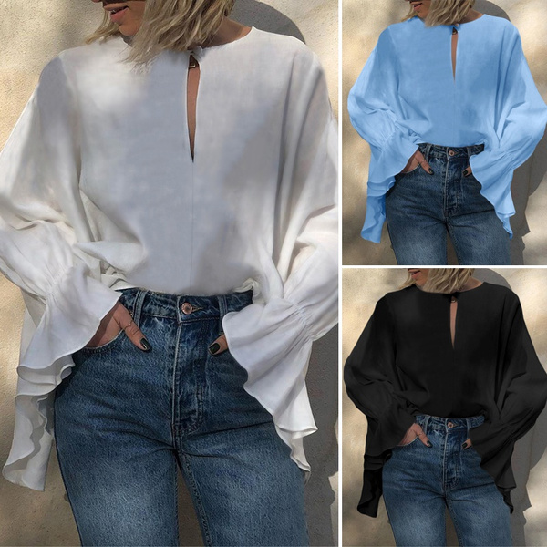 Flared Sleeve O Neck Shirts Ruffle Casual Loose Plus Size TopsSpring ...